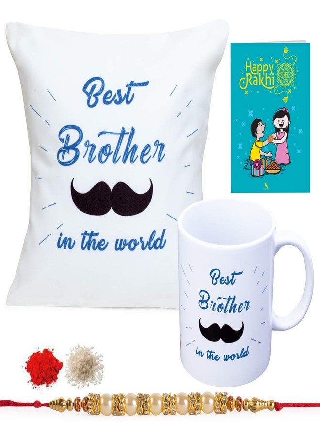 Kaameri Bazaar Raksha bandhan Rakhi Gift for Brother, Best Brother in The World Quote Printed Cushion with Filler, Mug, Rakhi, Roli & Greeting Card Gift for Brother bhai Men - Image 1